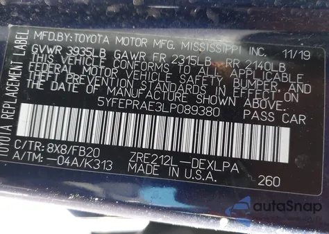 2020 Toyota Corolla Le from USA, damaged, VIN 5YFEPRAE3LP089380